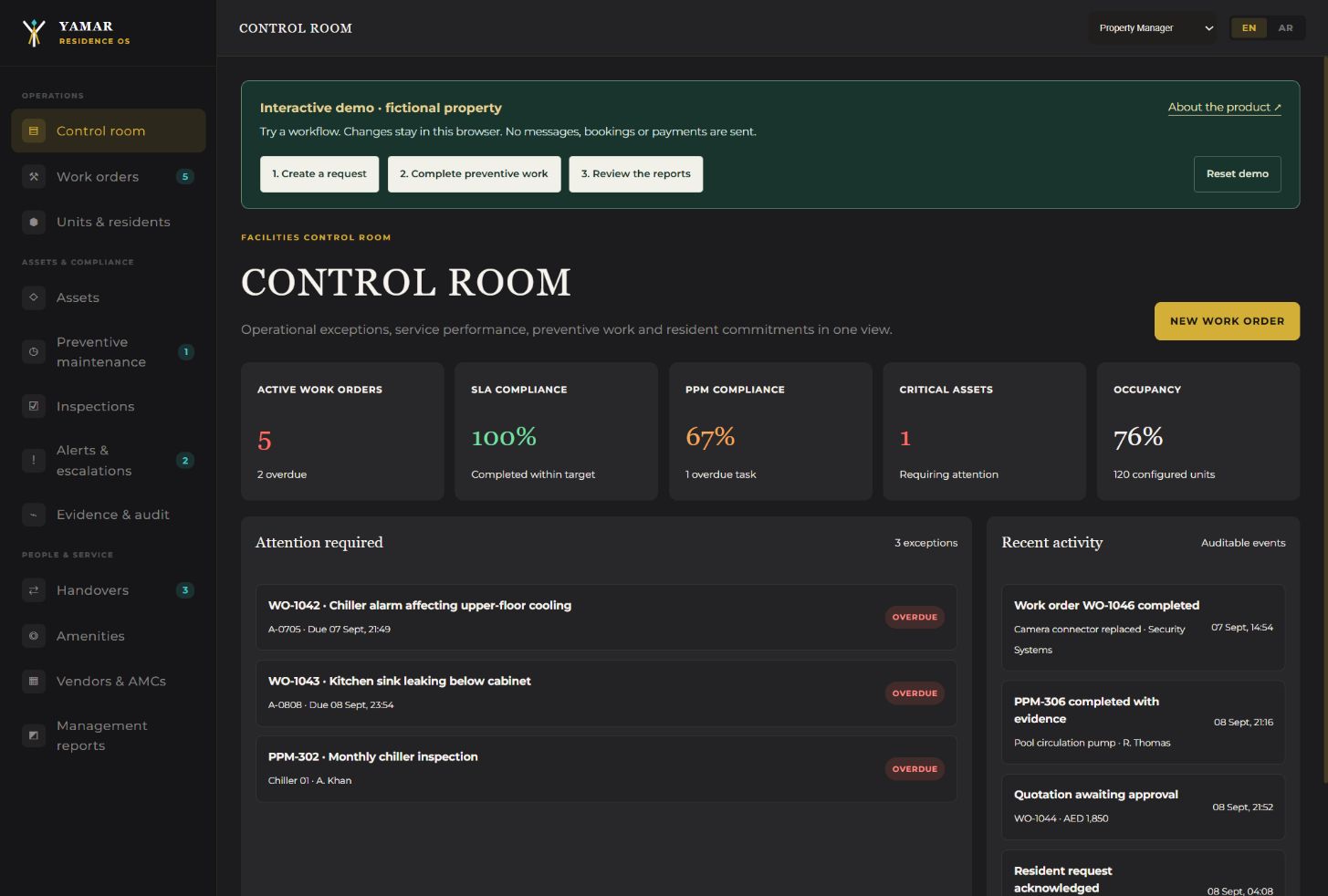 Residence OS demo dashboard screenshot Residence and facilities control room with sample property records