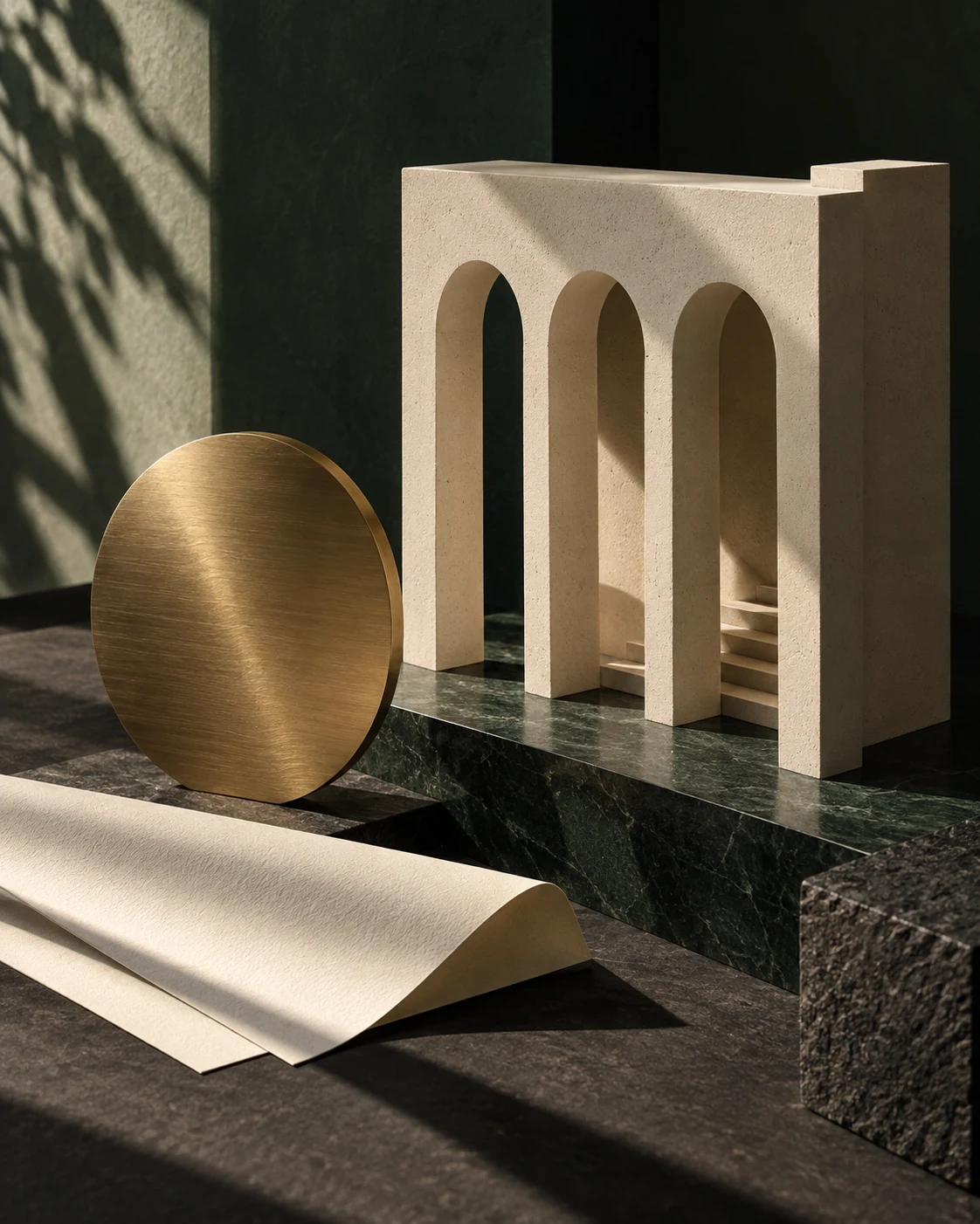 Architectural arches and material composition Ivory architectural arches, a brass disc and folded paper arranged on dark stone.